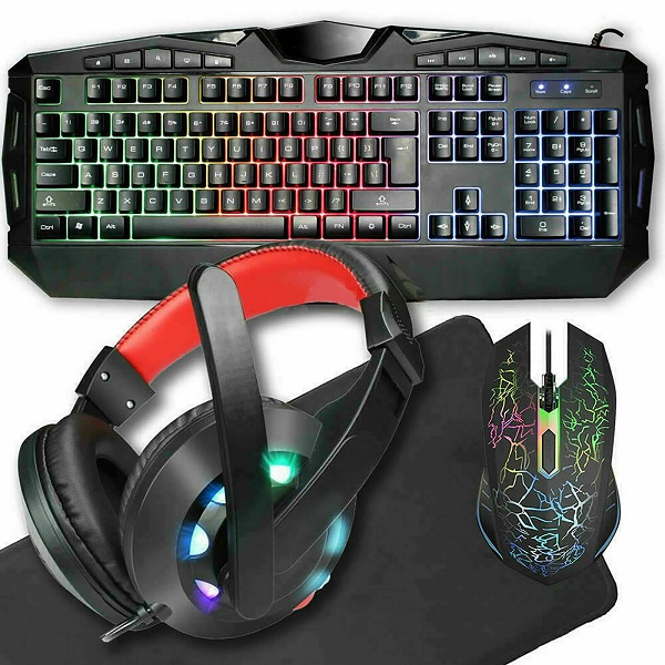 Rainbow LED USB Gaming Keyboard Mouse and Headset 4 in 1 Bundle PC Laptop